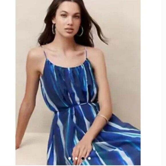 Banana Republic Organza Tie Waist Maxi Dress Blue Striped Pockets Flowing - Picture 4 of 7